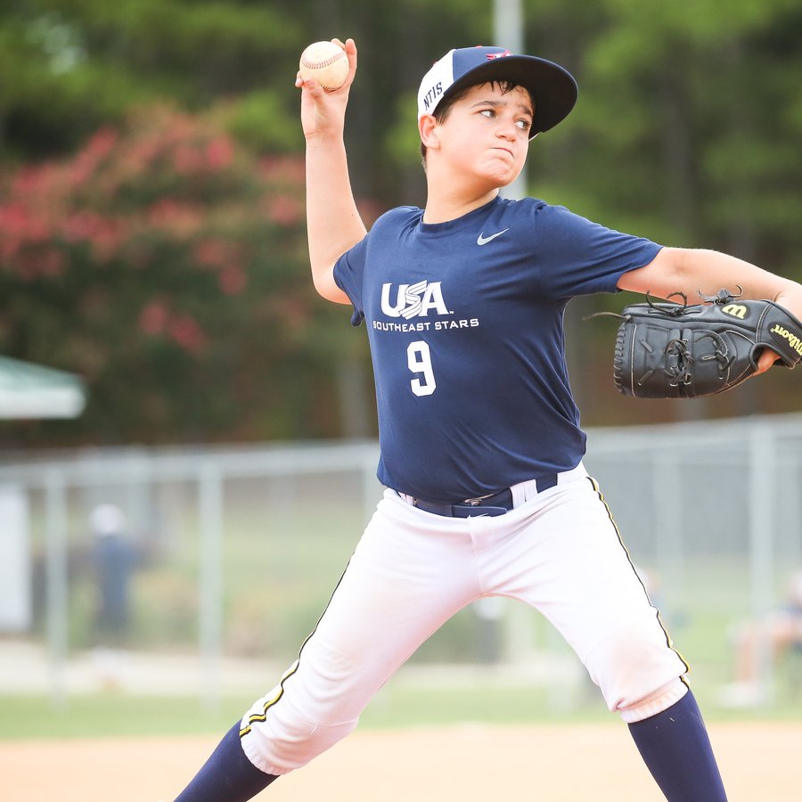 Zeke Varela pitching in a USA Baseball Southeast Stars jersey
